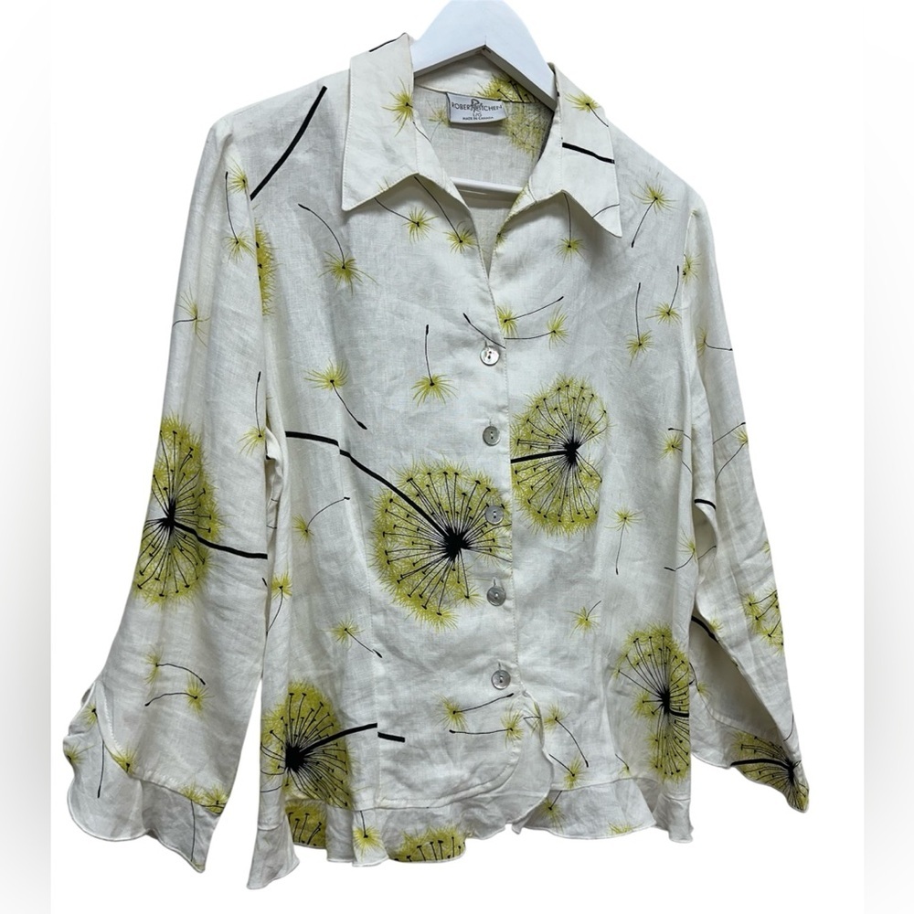 Robert Kitchen Women’s Sz L Linen Floral Blouse Button Up Shirt Dandelion Top - Picture 2 of 9